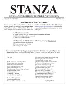 STANZA  OFFICIAL NEWSLETTER OF THE MAINE POETS SOCIETY VOLUME 20, NUMBER 1	  WINTER 2012