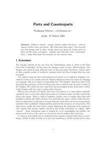 Parts and Counterparts Wolfgang Schwarz <wo@umsu.de> Draft, 19 March 2005 Abstract. Ordinary objects – people, planets, tables and rivers – exist at various worlds, times and places. But what does that mean? One acco