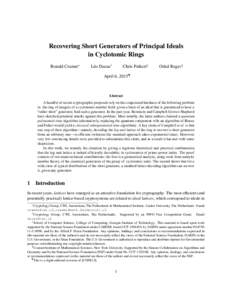 Recovering Short Generators of Principal Ideals in Cyclotomic Rings Ronald Cramer∗ L´eo Ducas†