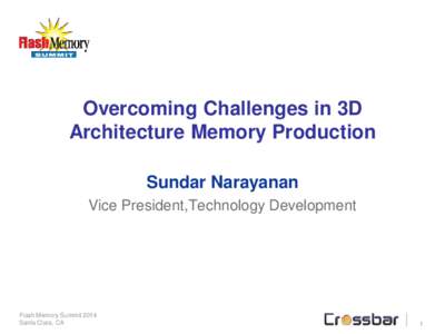 Overcoming Challenges in 3D Architecture Memory Production Sundar Narayanan Vice President,Technology Development  Flash Memory Summit 2014