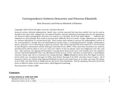 Correspondence between Descartes and Princess Elisabeth René Descartes and Princess Elisabeth of Bohemia