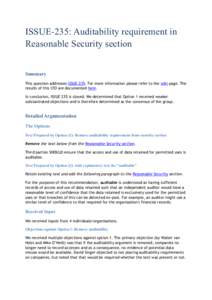 ISSUE-235: Auditability requirement in Reasonable Security section Summary This question addresses ISSUE-235. For more information please refer to the wiki page. The results of this CfO are documented here. In conclusion