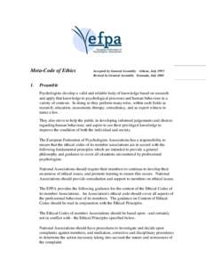 Meta-Code of Ethics 1. Accepted by General Assembly Athens, July 1995 Revised by General Assembly Granada, July 2005