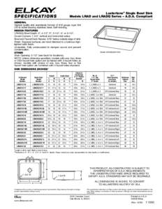 ®  Lustertone® Single Bowl Sink Models LRAD and LRADQ Series – A.D.A. Compliant  SPECIFICATIONS
