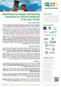 Mobilising Knowledge and Building Capacities for Climate Resilience in the Asia-Pacific BACKGROUND The Asia Pacific Adaptation Network (APAN) is a region-wide network working to effectively manage and disseminate diverse