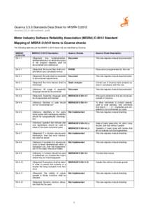 Goanna[removed]Standards Data Sheet for MISRA C:2012 misrac2012-datasheet.pdf Motor Industry Software Reliability Association (MISRA) C:2012 Standard Mapping of MISRA C:2012 items to Goanna checks The following table lists