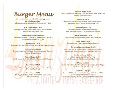 Burger Menu  SanziBAR Burger $80.00 Freshly ground Kobe Beef, with a ball of Foie Gras in the center, and scented Truffle Cheese Fries