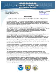 MEDIA RELEASE FOR IMMEDIATE RELEASE Tuesday, September 25, 2012 CONTACT: Toni Parras[removed]