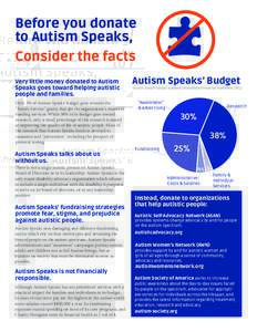Before you donate to Autism Speaks, Consider the facts Very little money donated to Autism Speaks goes toward helping autistic people and families.