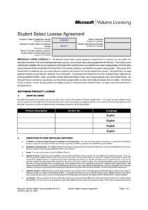 Student Select License Agreement Academic Select Agreement number Customer to complete Date of Issuance