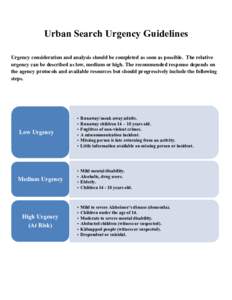 Urban Search Urgency Guidelines Urgency consideration and analysis should be completed as soon as possible. The relative urgency can be described as low, medium or high. The recommended response depends on the agency pro