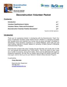 Deconstruction Program Recovering materials, uncovering potential.  Deconstruction Volunteer Packet