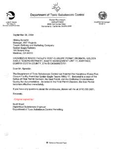Tesoro Golden Eagle Final Post Closure Permit Transmittal Letter