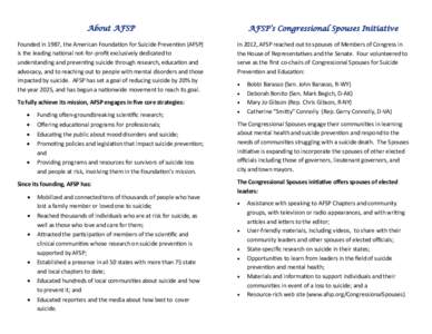 About AFSP  AFSP’s Congressional Spouses Initiative Founded in 1987, the American Foundation for Suicide Prevention (AFSP) is the leading national not-for-profit exclusively dedicated to