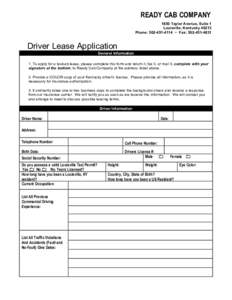 READY CAB COMPANY 1850 Taylor Avenue, Suite 1 Louisville, KentuckyPhone:  ~ Fax: Driver Lease Application