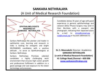 SANKARA NETHRALAYA (A Unit of Medical Research Foundation) OPHTHALMOLOGISTS REQUIRED AT SANKARA NETHRALAYA