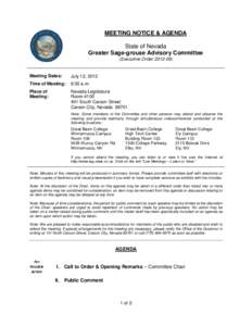 MEETING NOTICE & AGENDA State of Nevada Greater Sage-grouse Advisory Committee (Executive OrderMeeting Dates: