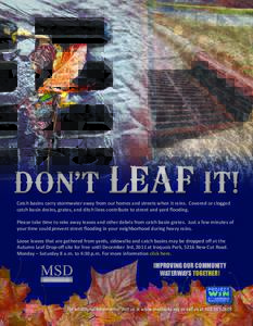 DON’T  LEAF IT! Catch basins carry stormwater away from our homes and streets when it rains. Covered or clogged catch basin drains, grates, and ditch lines contribute to street and yard flooding.