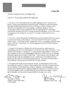 DEPARTMENT OF THE ARMY WASHINGTON 1 6 MAY 2013 MEMORANDUM FOR SEE DISTRIBUTION SUBJECT: Sexual Assault and Sexual Harassment