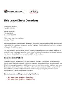 Sick Leave Direct Donations Phone: (Fax: (Human Resources P. O. BoxBeaumont, TX 77710