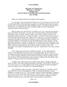 UNCLASSIFIED OPENING STATEMENT BY MICHAEL V. HAYDEN BEFORE THE SENATE SELECT COMMITTEE ON INTELLIGENCE MAY 18, 2006