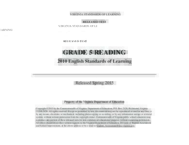 VIRGINIA STANDARDS OF LEARNING RELEASED TEST GRADE 5 READING 2010 English Standards of Learning