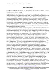 African Studies Quarterly | Volume 14, Issue 4 | SeptemberBOOK REVIEWS Pade Badru and Brigitte Maa Sackey, edsIslam in Africa South of the Sahara. Lanham, MD: Scarecrow Press, Inc. 416 pp. Despite the fact