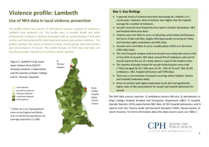 Box 1: Key findings  Violence profile: Lambeth Use of NHS data in local violence prevention This profile utilises five sources of NHS data to present a picture of violence in Lambeth local authority (LA). The profile aim