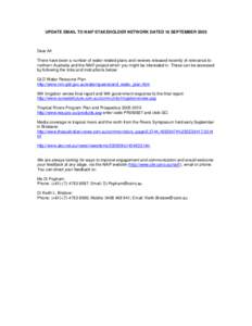 UPDATE EMAIL TO NAIF STAKEHOLDER NETWORK DATED 16 SEPTEMBER 2005