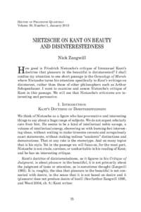 History of Philosophy Quarterly Volume 30, Number 1, January 2013 NIETZSCHE ON KANT ON BEAUTY AND DISINTERESTEDNESS Nick Zangwill