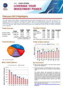 February 2013 Highlights The total notional value traded in Hong Kong listed stock options increased by over 15% Year-on-Year (YoY) in February. With the introduction of RQFII ETF option type to the listed options market
