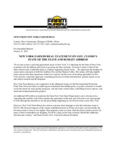 NEWS FROM NEW YORK FARM BUREAU Contact: Steve Ammerman, Manager of Public Affairsofficecell),  For Immediate Release: January 21, 2015