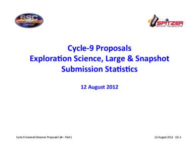 Cycle-­‐9	
  Proposals	
   Explora1on	
  Science,	
  Large	
  &	
  Snapshot	
   Submission	
  Sta1s1cs	
   12	
  August	
  2012	
    Cycle-­‐9	
  General	
  Observer	
  Proposal	
  Call	
  –	
  