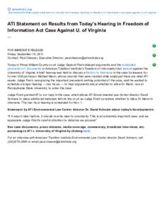 ATI Statement on Results from Today’s Hearing in Freedom of Information Act Case Against U. of Virginia