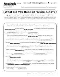 Critical Thinking/Reader Response  activity “Dad, the Disco King” September 2009
