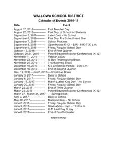WALLOWA SCHOOL DISTRICT Calendar of EventsDate Event