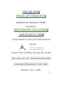 The Life of Pi History and Computation Jonathan M. Borwein, FRSC