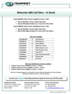 Motorola UBS ””Cell Sites – In Stock Qty (6) 800MHz UBS 4 Carrier Capability (4 Voice, 1 DO)  Qty (1) XMI 800, 3-sector, Radio Transceiver  Qty (1) DMI Digital module w/ 1 voice and 1 DO modem Qty (2) 800MHz 