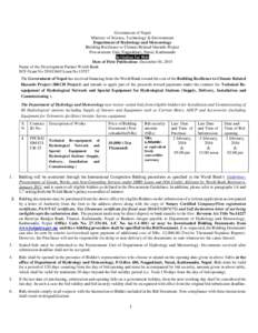 Government of Nepal Ministry of Science, Technology & Environment Department of Hydrology and Meteorology Building Resilience to Climate Related Hazards Project Procurement Unit, Nagpokhari, Naxal, Kathmandu Invitation f