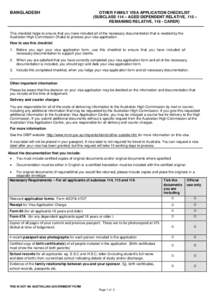 BANGLADESH  OTHER FAMILY VISA APPLICATION CHECKLIST (SUBCLASS 114 – AGED DEPENDENT RELATIVE, 115 – REMAINING RELATIVE, 116 - CARER)