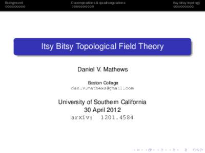 Background  Decompositions & quadrangulations Itsy Bitsy Topological Field Theory Daniel V. Mathews