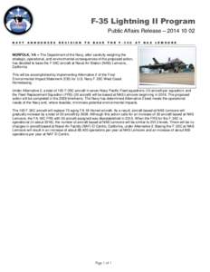 F-35 Lightning II Program Public Affairs Release – [removed]N A V Y A N N O U N C E S