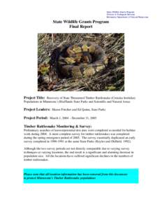 Recovery of state threatened rattlesnake populations in MN Blufflands State Parks and SNAs.doc