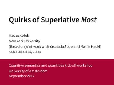 Quirks of Superlative Most Hadas Kotek New York University (Based on joint work with Yasutada Sudo and Martin Hackl) 