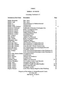 INDEX DIBBLE - DYMOND Genealogy Notebook # 17 Surname(s), First Name  Description