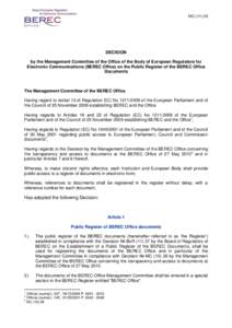 MC[removed]DECISION by the Management Committee of the Office of the Body of European Regulators for Electronic Communications (BEREC Office) on the Public Register of the BEREC Office Documents