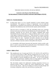 Paper No. CB[removed]THE HONG KONG COUNCIL OF SOCIAL SERVICE Comments on the Report of the HKSAR under the International Covenant on Economic, Social and Cultural Rights (ICESCR)  Article[removed]Non-discriminati