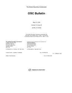 The Ontario Securities Commission  OSC Bulletin May 31, 2018 Volume 41, Issue), 41 OSCB