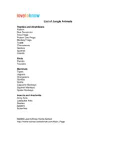 List of Jungle Animals Reptiles and Amphibians Python Boa Constrictor Tree Frogs Poison Dart Frogs