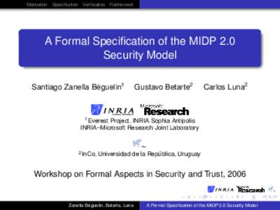 Motivation Specification Verification Refinement  A Formal Specification of the MIDP 2.0 Security Model 1 ´